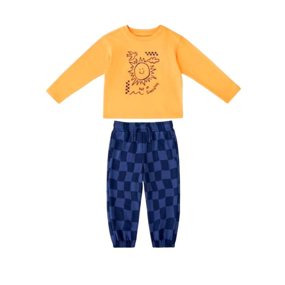 Member Mark Boys Orange Long Sleeve Tee & Blue Checkered Jogger Set Sz 12Months - Picture 6 of 6